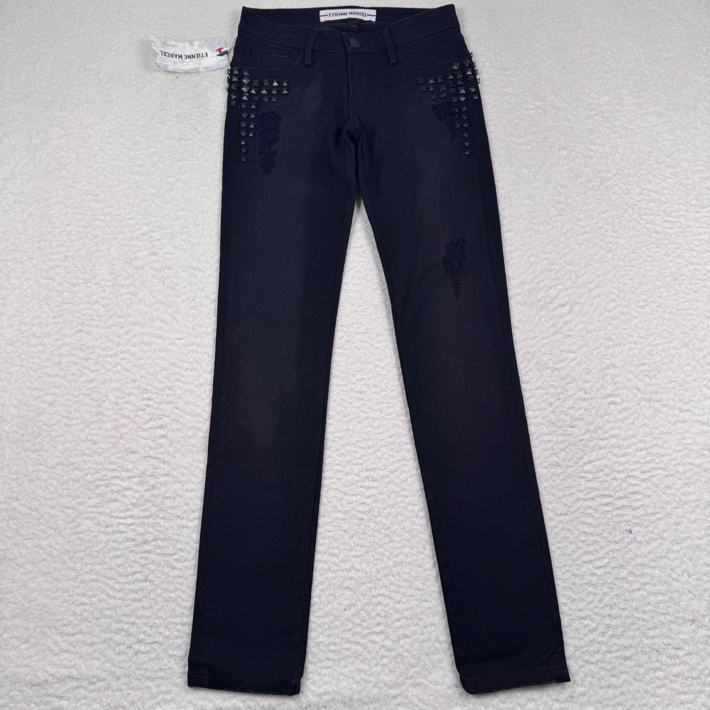 NWT Etienne Marcel Jean Women 24 Skinny Studded Distressed Rock Moto Denim Black